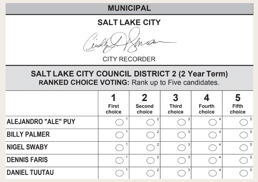 Sample ballot from a ranked choice voting election in Salt Lake City, UT