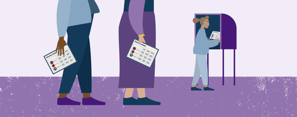 Cartoon of people voting in a ranked choice voting election