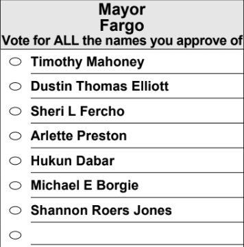 Image of an approval voting ballot from Fargo, North Dakota