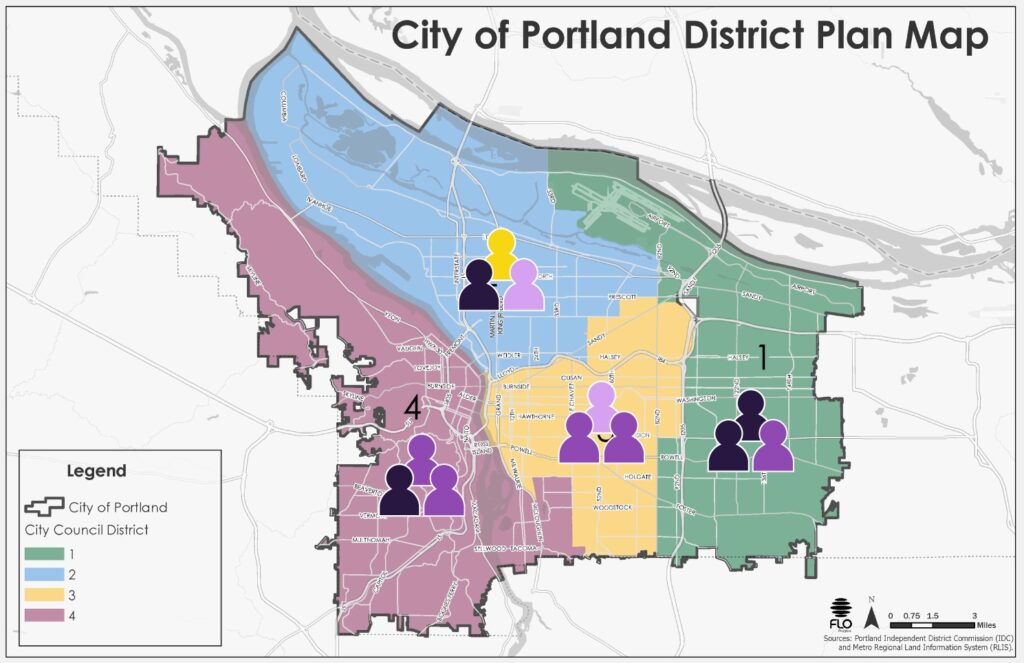 A map of Portland, Oregon's multi-member city council districts