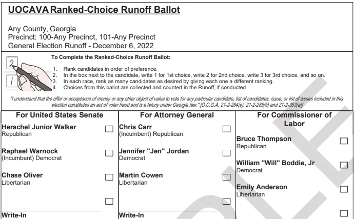 Sample ranked choice ballot for UOCAVA voters for Georgia's 2022 general elections