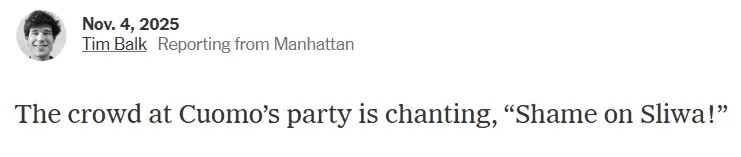 Screenshot of a social media post saying "The crowd at Cuomo's party is chanting, 'shame on Sliwa!'"