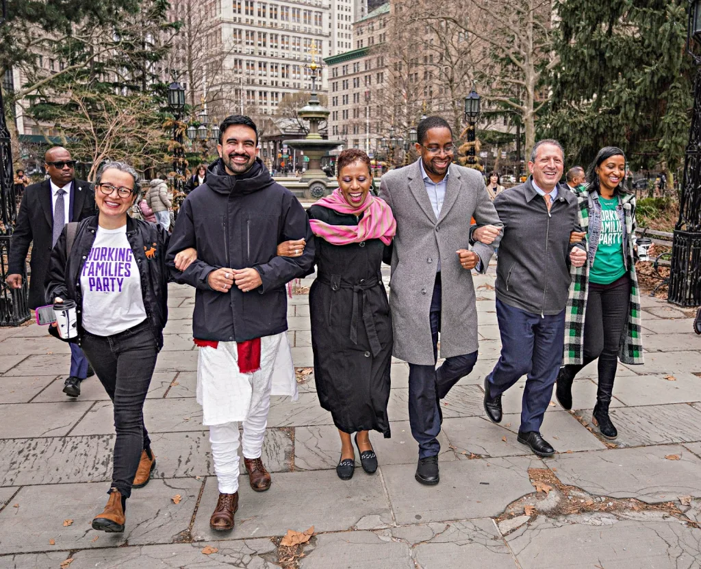 The four Working Families Party-endorsed candidates, along with two officials from the WFP