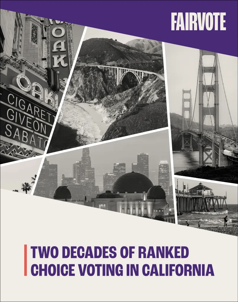 Cover of a report titled "Two decades of ranked choice voting in California." The cover shows images of landmarks around California, including the Golden Gate Bridge and Los Angeles skyline.