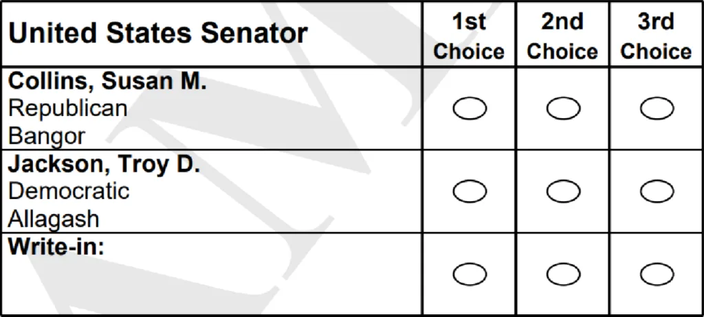 Sample ballot for the 2026 U.S. Senate election in Maine, which uses ranked choice voting