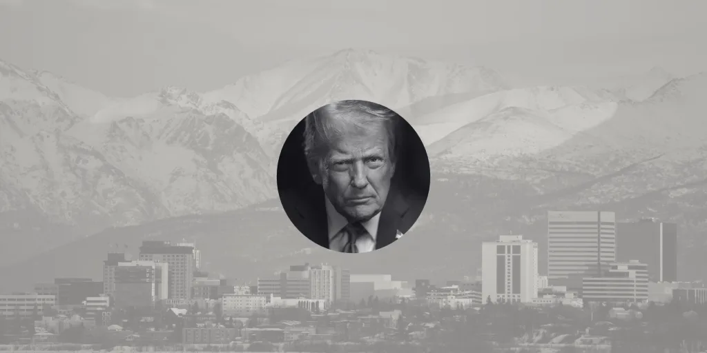 Photo of President Donald Trump in front of a photo of a city in Alaska